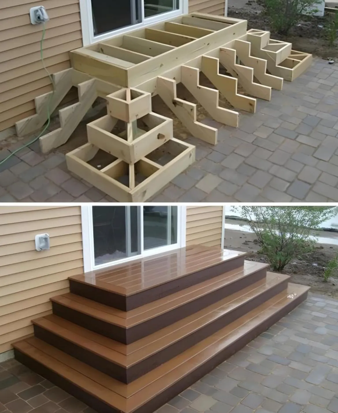 Before and after of wooden deck steps rebuild