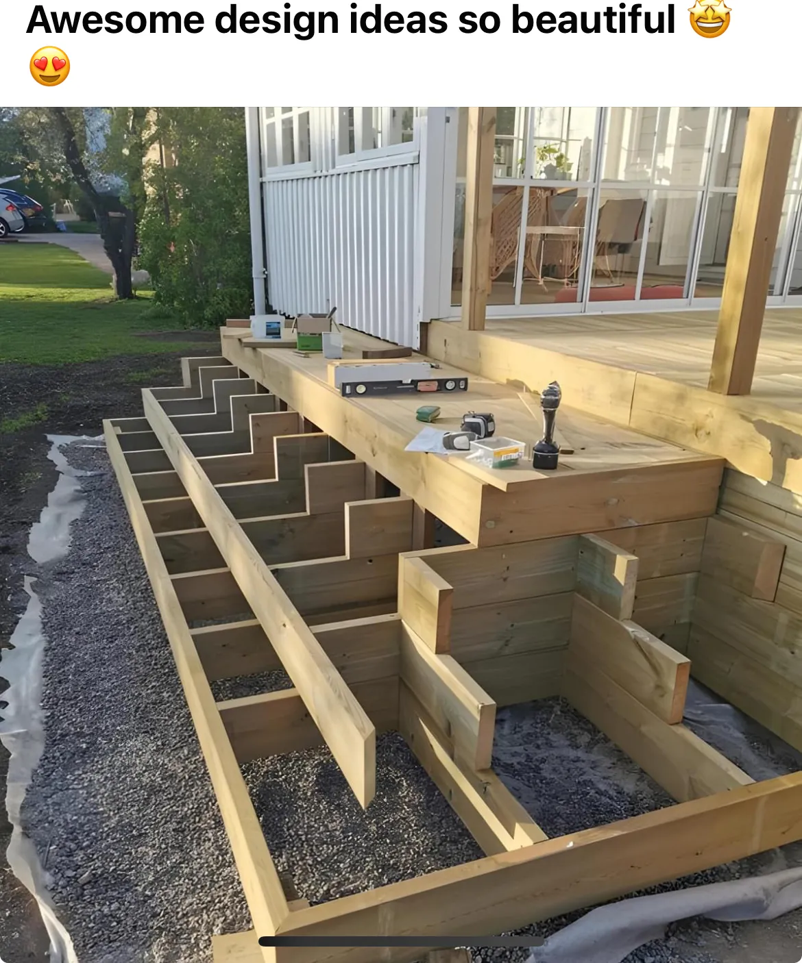 Deck construction with cascading steps along porch