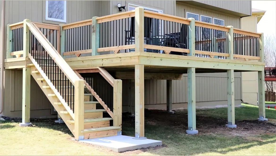Fresh wooden deck framing with black railings