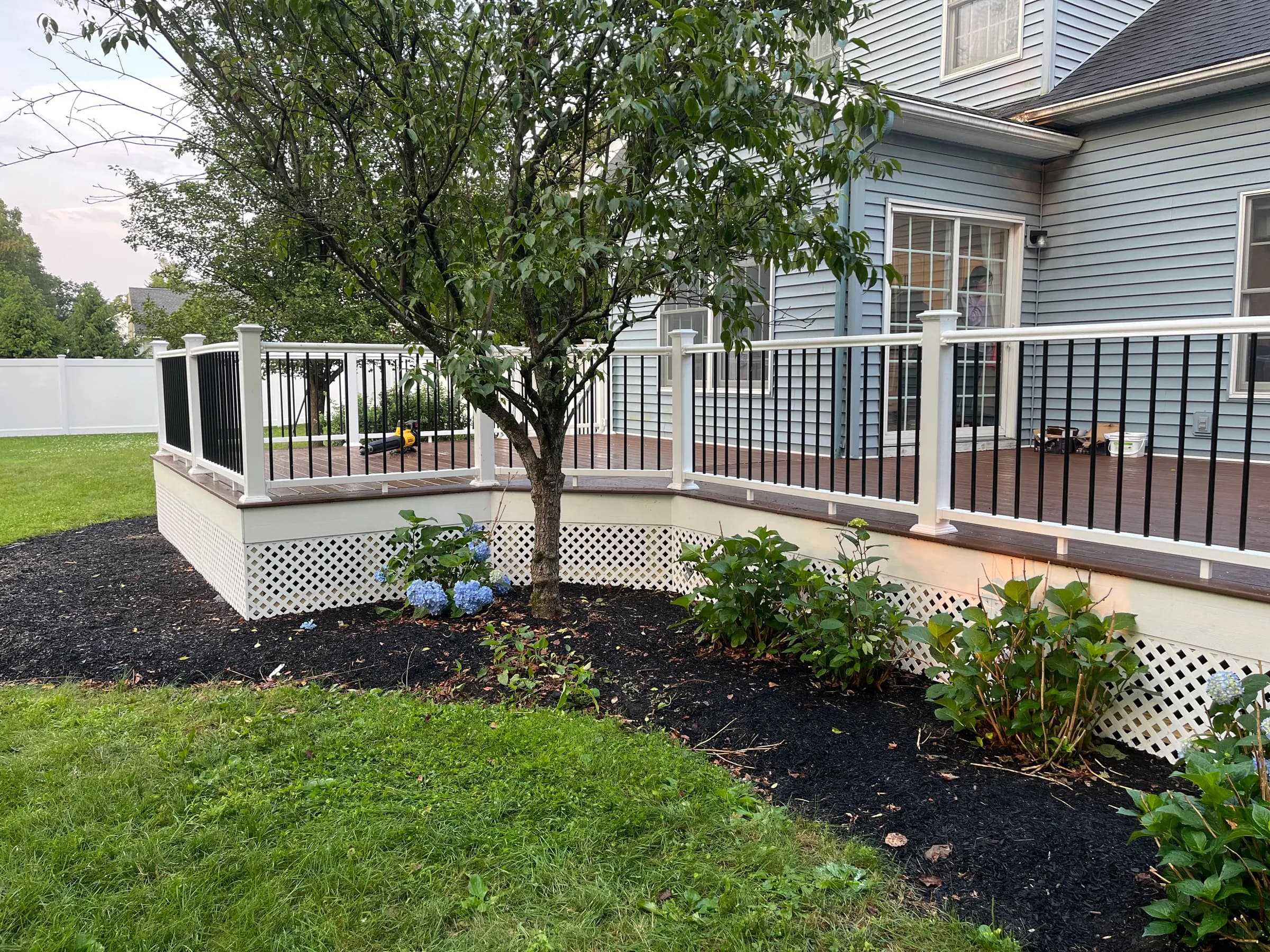 Landscaped deck curving around mature tree